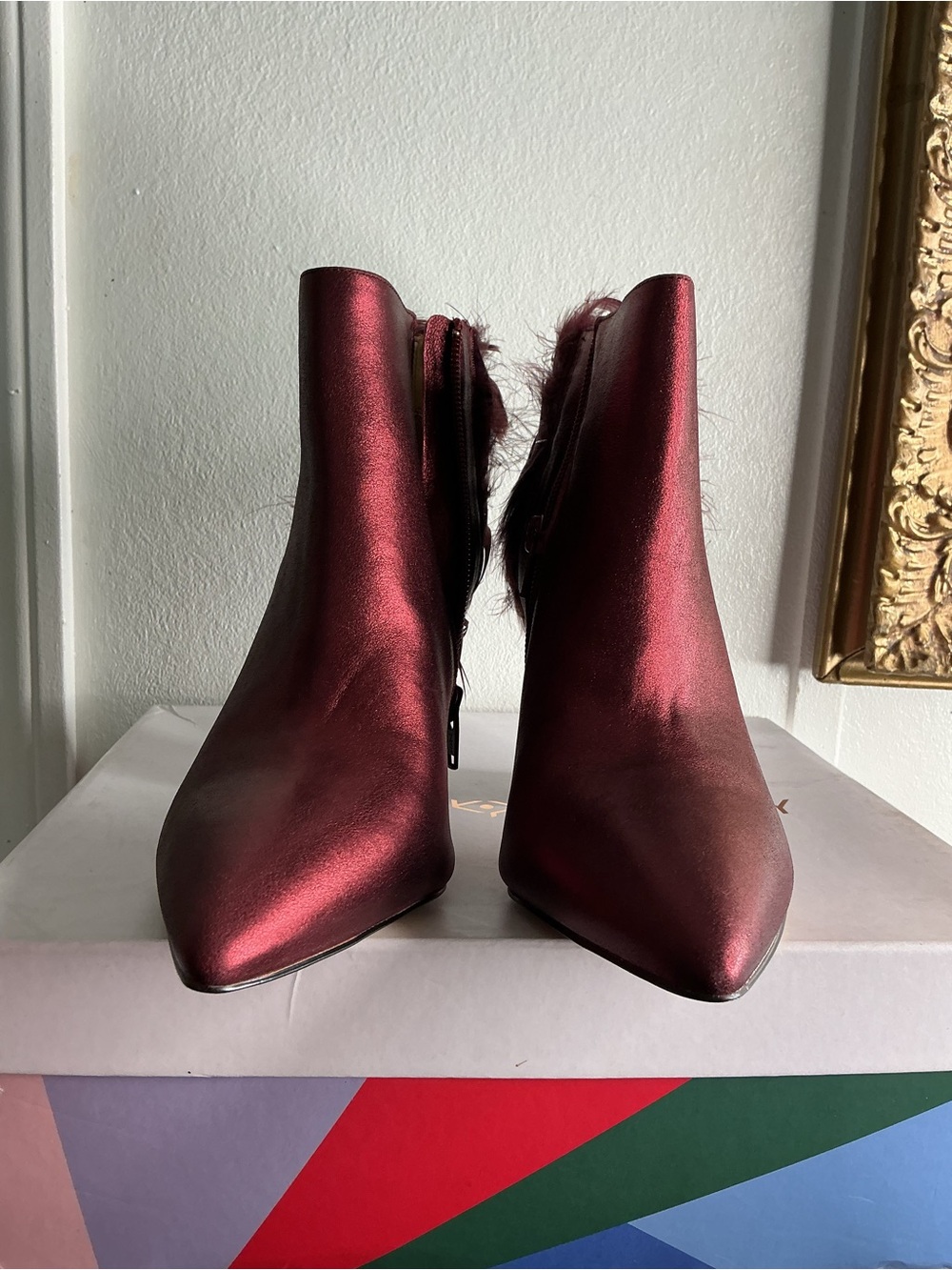 Katy Perry Collections Metallic Burgundy Ankle Boots with Feather Heel - Picture 4 of 9